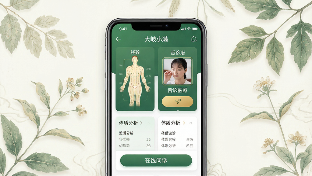 一张展示大岐小满手机应用界面的高清图片,主体为一部智能手机,屏幕显示应用主界面,包含用户健康数据看板、舌诊拍照入口、在线问诊按钮等元素。布局采用居中构图,手机竖屏展示,背景为淡雅的中式草本植物纹理。排版简洁清晰,界面图标以绿色和金色为主色调,风格现代简约融合古典中医元素。细节之处包括屏幕上的中医经络图、体质分析报告卡片,画质细腻,光线柔和,干净无多余元素。