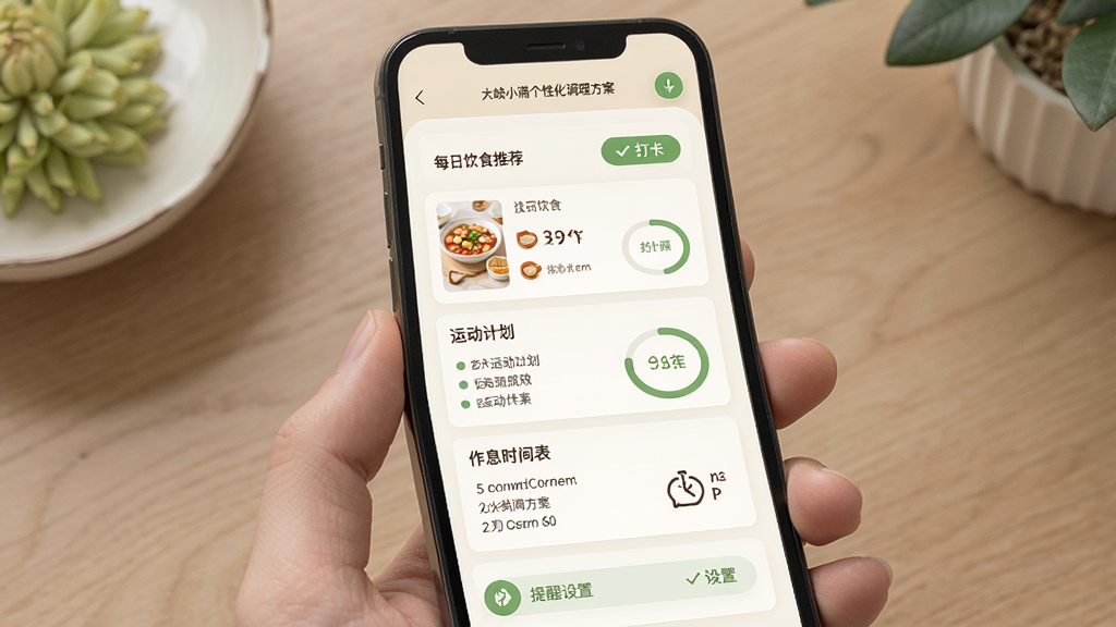 一张展示大岐小满个性化调理方案的界面图片,主体为手机屏幕上的方案详情页,屏幕中展示一份完整的调理方案,包括每日饮食推荐、运动计划和作息时间表。布局为纵向滚动排版,条目清晰,风格简洁清爽,以米色和绿色为主色调,细节包括打卡按钮、进度环和提醒设置,画质细腻,干净无多余元素。