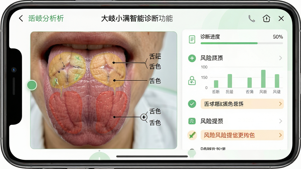 一张展示大岐小满智能诊断功能的界面截图,主体为手机屏幕上的舌诊分析页面,屏幕中显示用户上传的舌部特写照片,旁边标注出舌苔、舌色等分析区域。布局为左右分栏,左侧为照片,右侧为分析结果列表。风格为医学专业风格,界面以白色和淡绿色为主,配以简洁的图标和数据图表。细节包括诊断进度条、风险提示标签,画质高清,干净无多余元素。
