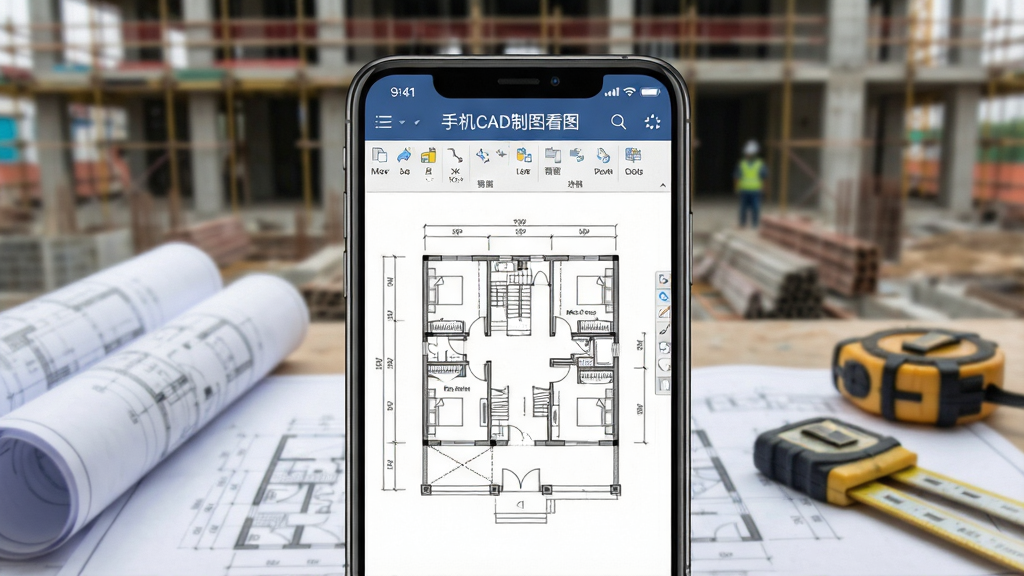 一张智能手机屏幕特写,屏幕中清晰显示“手机CAD制图看图”软件界面,界面上有建筑平面图展示,背景为模糊的施工现场,手机周围有工程图纸和测量工具,整体风格写实,画质清晰,突出移动办公与专业看图场景,干净无多余元素