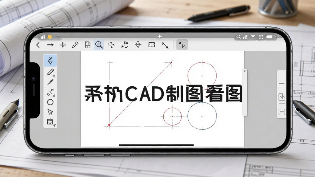 一部手机横屏显示“手机CAD制图看图”的绘图编辑界面,界面上有绘图工具栏图标,画布上绘制着简单的直线与圆形图形,背景为工作台,有图纸与绘图笔,风格专业写实,画质清晰,突出移动绘图功能,干净无多余元素