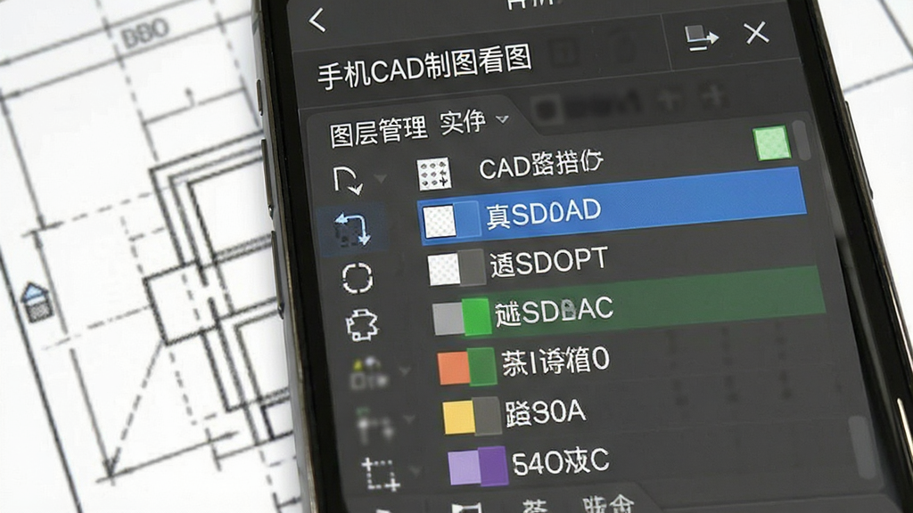 手机界面显示“手机CAD制图看图”的图层管理面板,面板中列出多个图层名称与颜色标识,背景为图纸局部,风格简洁专业,画质清晰,突出图层管理的条理性,干净无多余元素