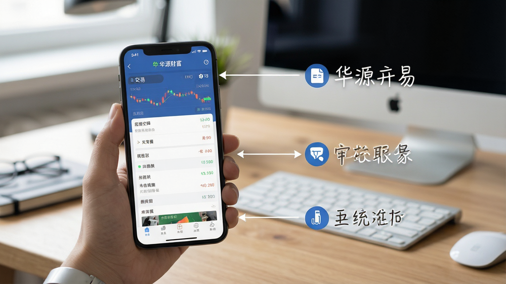 华源财富APP移动端使用教程场景图,画面中手机屏幕显示交易界面,旁边有操作步骤标注,背景为书桌和电脑,风格写实,画质清晰,无多余元素。