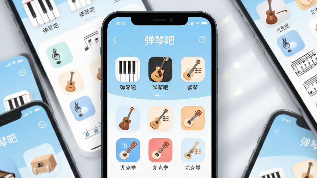 一张高清手机截图拼贴画,中央展示弹琴吧钢琴谱吉他谱电子琴谱App主界面,顶部显示应用名称“弹琴吧”,下方陈列钢琴谱、吉他谱、尤克里里谱等分类图标,界面以浅蓝色和白色为主,柔和光影,干净无多余元素,画质细腻,整体风格现代简洁