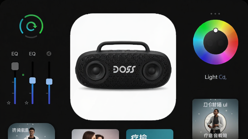 一张展示DOSS音频APP主界面的高清截图,界面采用深色背景,中心醒目位置放置DOSS品牌标志性的蓝牙音箱产品图,四周环绕着连接状态图标、EQ均衡器滑块、灯光调节色盘和疗愈音频专辑封面,整体布局简洁直观,风格现代科技感,画质清晰,干净无多余元素