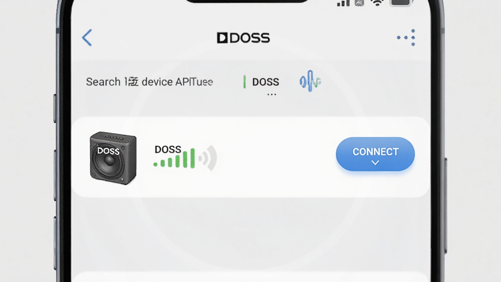 一张演示DOSS音频APP蓝牙连接过程的界面截图,页面显示手机屏幕中DOSS音频应用正在搜索附近设备,列表中出现一个DOSS音箱图标,旁边有信号强度指示条和连接按钮,背景为简洁的浅灰色,整体风格清爽,画质高清,无多余元素