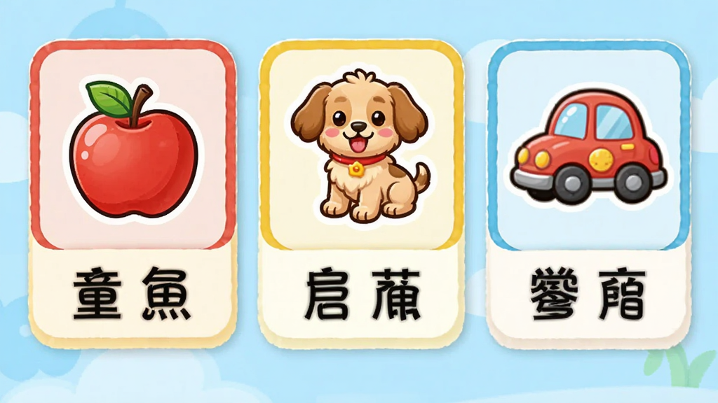 童鱼宝宝学粤语启蒙卡片功能预览图,展示彩色卡通卡片,每张卡片上有日常物品图案,如苹果、小狗、汽车,卡片下方标注粤语发音文字,界面简洁明快,卡通风格,画质清晰,突出互动学习场景,干净无多余元素。