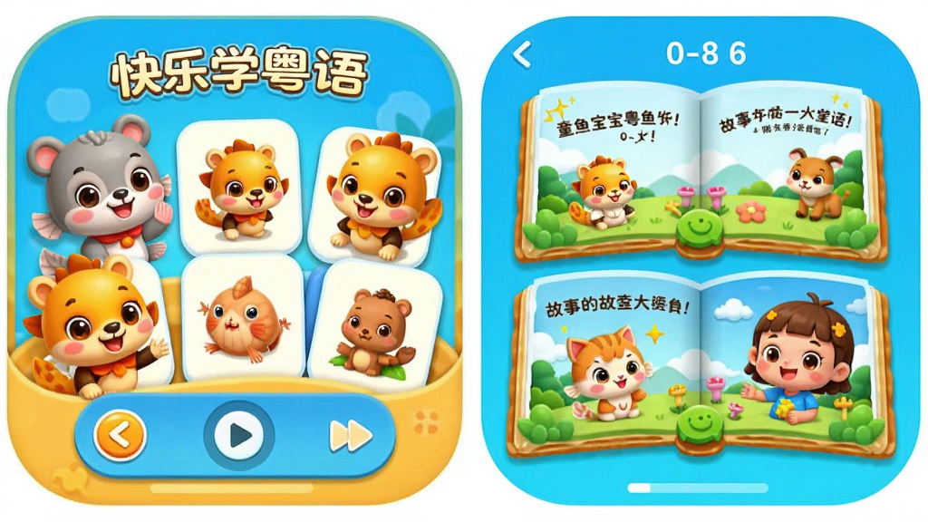 童鱼宝宝学粤语是一款专为0-8岁儿童设计的粤语启蒙App,画面色彩鲜艳,包含卡通动物角色、互动卡片、童谣播放界面、故事绘本和动画场景,整体风格温馨可爱,充满童趣,界面布局清晰,突出“快乐学粤语”主题,画质细腻,干净无多余元素。