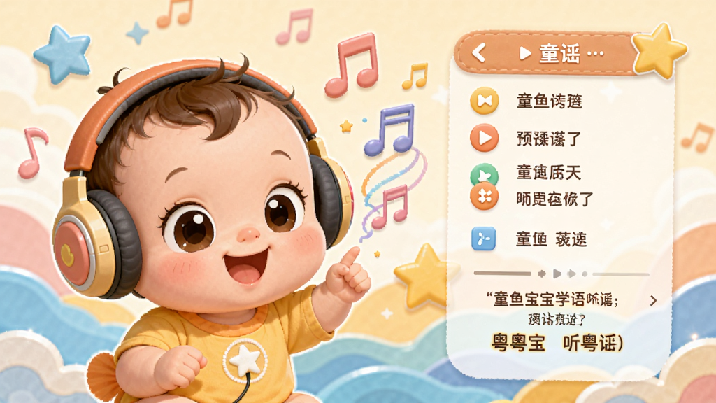 童鱼宝宝学粤语听童谣功能预览图,展示一个可爱的卡通宝宝戴着耳机,旁边有音符和音乐符号飘动,背景是彩色波浪和星星,界面有播放列表和歌词显示,画风温馨,画质细腻,干净无多余元素。
