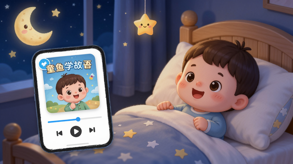 童鱼宝宝学粤语听故事功能预览图,展示一个温馨的睡前场景,卡通宝宝躺在床上听故事,旁边有月亮和星星,故事播放界面显示故事封面和播放进度条,画面柔和,画质清晰,干净无多余元素。