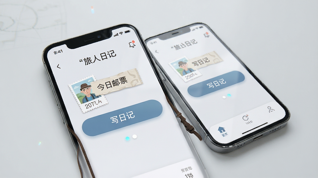 主体:“旅人日记”应用在手机上的运行界面,旁边有手机模型。布局:手机屏幕内显示应用主界面,背景为浅灰色。排版:界面整洁,功能按钮清晰。风格:科技感与生活感结合。细节:屏幕中显示“今日邮票”和“写日记”按钮。画质:高清,干净,无多余元素。