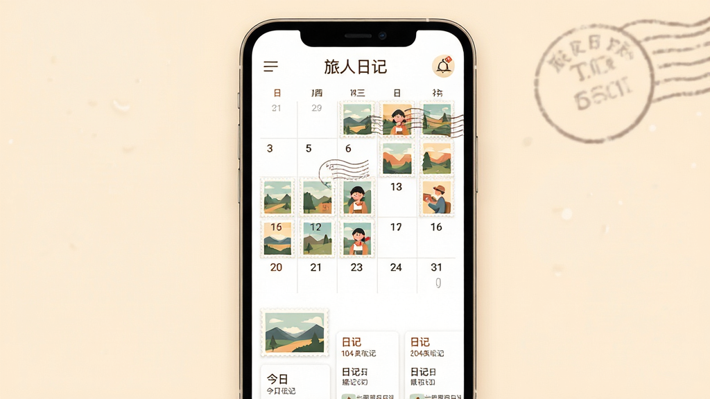 主体:一款名为“旅人日记”的手机应用界面,展示其邮票日历主视图,背景为柔和暖色调,日历上贴有各种风景、人物照片风格的邮票。布局:手机屏幕居中,日历网格清晰,顶部有应用名称“旅人日记”,下方显示今日邮票和几个日记卡片。排版:界面简洁,留白得当,邮票错落有致。风格:扁平化设计,插画风格,色彩温暖治愈。细节:邮票有齿孔,日期数字清晰,界面图标精致。画质:高清,干净,无多余元素。