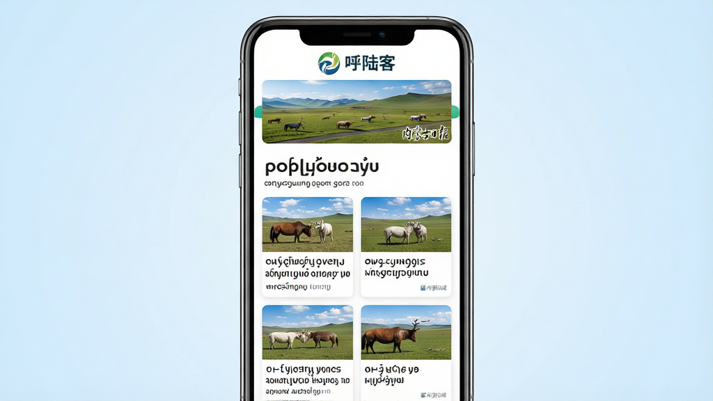 主体:手机屏幕展示“呼陆客”APP界面,界面以蒙古文新闻列表为主,配以草原风景 banner,顶部有“呼陆客”蒙古文 logo。布局:手机居中,界面清晰,列表有图文卡片,背景为淡蓝色渐变。排版:界面整洁,文字为蒙古文,标题突出。风格:现代、清新、简约。细节:手机屏幕高亮,界面元素精致,有“内蒙古日报”字样。画质:高清,干净,无多余元素。