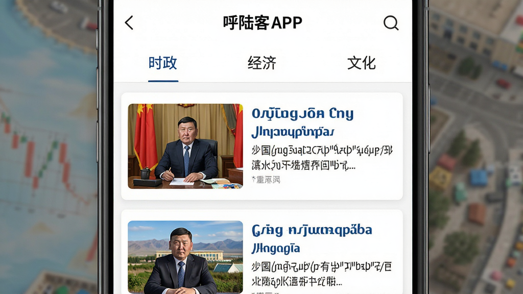 主体:呼陆客APP的新闻频道页面,显示多个分类标签如“时政”“经济”“文化”,下方是新闻卡片。布局:页面顶部为分类标签栏,下方为信息流卡片,左侧配图右侧文字。排版:标签清晰,卡片整齐。风格:商务、简洁。细节:卡片上有蒙古文标题和摘要,配图清晰。画质:高清,色彩自然,干净无多余元素。