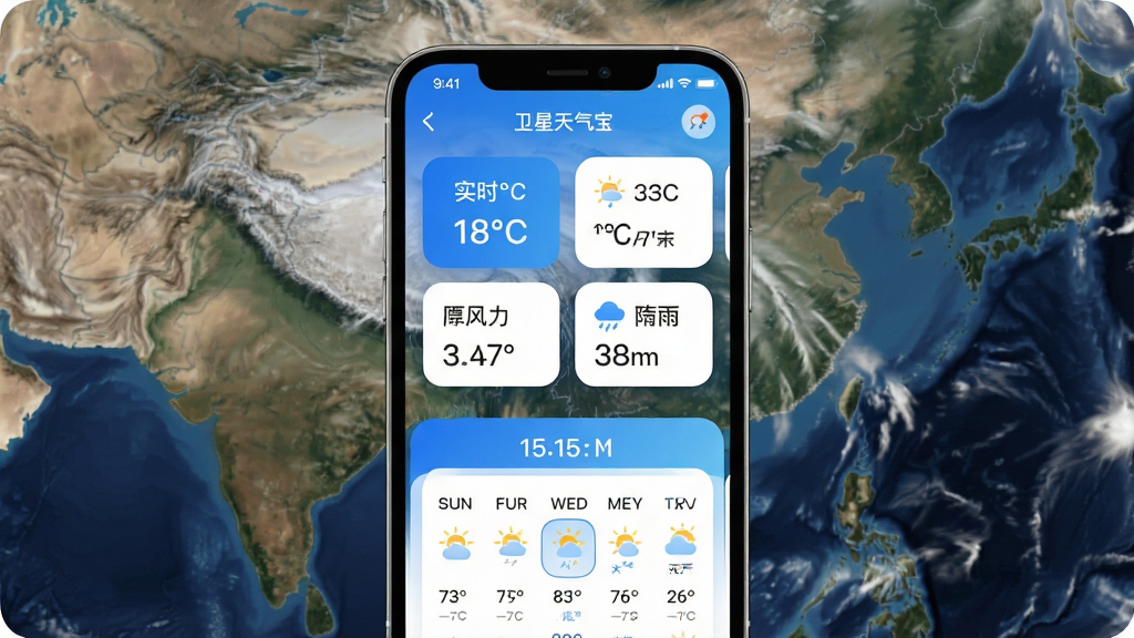 卫星天气宝APP主界面预览图,手机屏幕中展示高清卫星云图背景,中央叠加实时温度、风力、降雨概率等数据卡片,下方排列未来15天天气预报日历,界面采用蓝白渐变科技风格,图标圆润清晰,整体布局简洁明亮,画质细腻,干净无多余元素