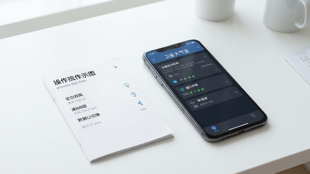卫星天气宝使用指南示意图,手机旁边放置着操作说明书,屏幕上显示设置菜单,包含定位权限、通知权限、数据源切换等选项,背景为简约桌面,整体风格清爽明亮,画质干净无多余元素