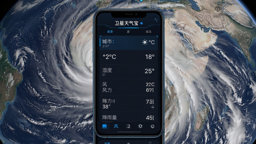 卫星天气宝实时监测数据界面,手机屏幕上显示当前城市温度、湿度、风力、降雨量等详细数据列表,背景为动态卫星云图,数据字体清晰易读,界面采用深色模式,科技蓝点缀,整体风格专业简洁,画质高清,干净无多余元素