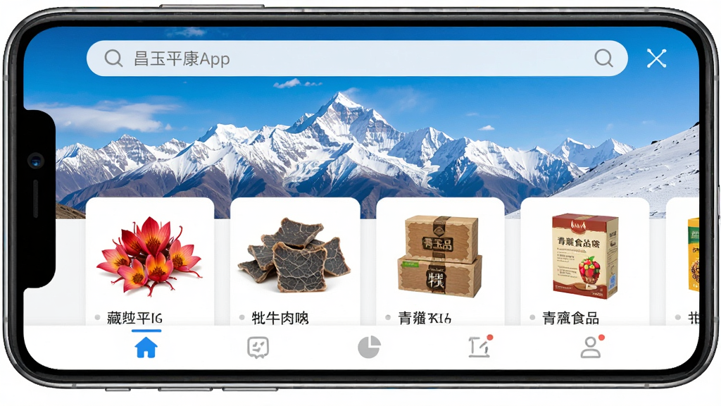 一张展示昌玉平康App在智能手机上运行的界面预览图,主界面以雪山蓝天为背景,下方陈列藏红花、牦牛肉干、青稞食品等商品卡片,界面采用简洁的电商布局,顶部搜索栏,底部导航栏,整体风格清新明亮,画质细腻干净,无多余元素