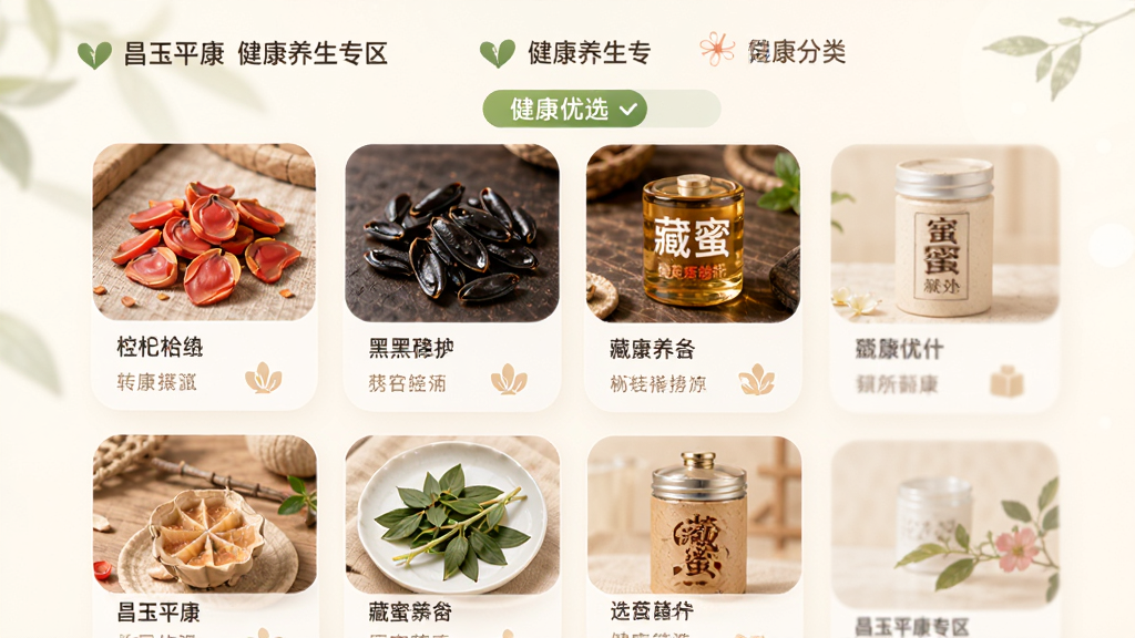昌玉平康App健康养生专区界面,主体为手机竖屏展示,屏幕内分类陈列枸杞、黑枸杞、藏蜜等商品,布局采用圆角卡片式,风格温馨淡雅,细节有“健康优选”栏目,画质柔和干净,无多余元素