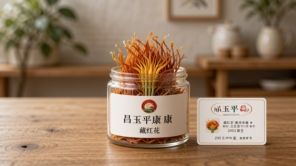 昌玉平康App的藏红花商品详情页展示,主体为玻璃罐装藏红花置于木质桌面上,旁边配有产品说明标签,布局居中,背景虚化,排版简洁,风格写实,细节体现花瓣纹理,画质高清干净,无多余元素