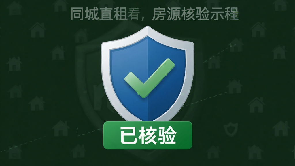 同城直租看房房源核验流程示意图,主体为盾牌图标与对勾标记,布局居中,排版简洁,风格专业,细节包括“已核验”字样,画质高清,干净无多余元素