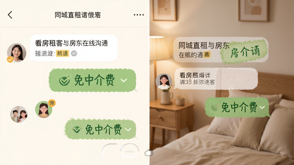 同城直租看房租客与房东在线沟通界面,主体为对话气泡,布局左右分布,排版自然,风格温馨,细节包括“免中介费”标签,画质细腻,干净无多余元素