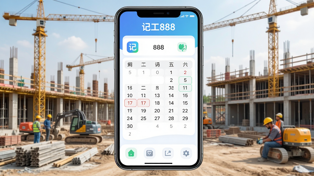 记工888主界面截图,展示清晰的功能分区和日历记工视图,背景为建筑工地场景,手机屏幕占据画面中心,界面简洁明亮,图标圆润,突出“记工888”应用名称,画面干净,无多余元素,4K高清画质