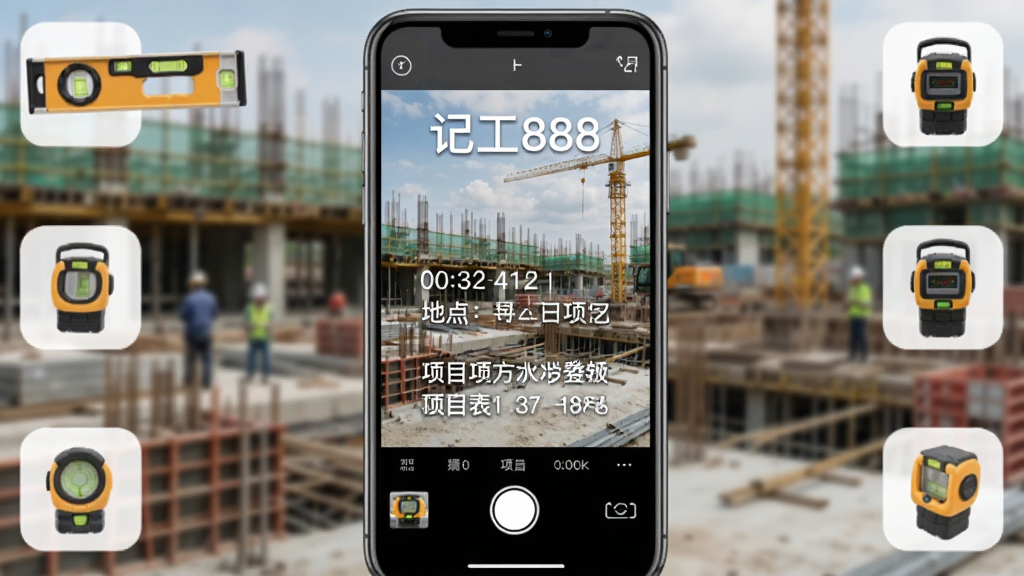记工888工地水印相机拍照界面,手机屏幕显示带有时间、地点、项目名称等水印的施工现场照片,周围有水平仪、测距仪等小工具图标环绕,背景为模糊的建筑工地,突出“记工888”应用名称,画质清晰,色彩自然