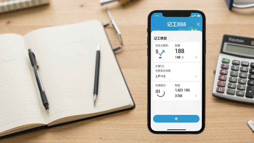 记工888使用教程示意图,手机屏幕展示记工操作步骤,背景为简洁的工作台桌面,旁边有笔记本和计算器,画面干净明亮,突出“记工888”应用界面,画质清晰,无多余元素