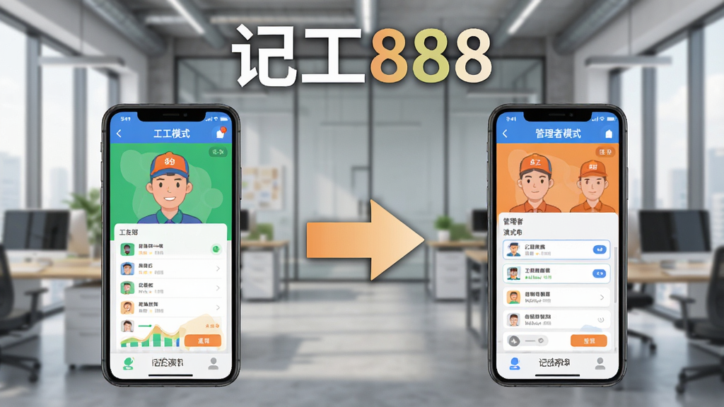 记工888双模式切换功能演示图,左侧为工友模式界面,右侧为管理者模式界面,中间用箭头连接,背景为现代化办公室,画面整洁,突出“记工888”软件名称,UI设计扁平化,色彩鲜明,画质清晰