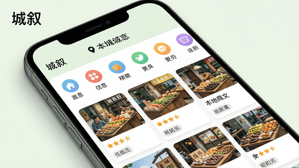 主体:手机屏幕展示“城叙”应用的信息流页面,包含分类图标和本地商家卡片。布局:手机斜放,屏幕上方显示定位城市,下方以卡片流形式展示各类本地信息。排版:卡片式布局,图文并茂,分类图标位于顶部横向排列。风格:清新自然,色彩柔和,突出生活气息。细节:卡片上有商家图片、评分和距离标签,屏幕左上角有“城叙”字样。画质:高清,干净,无多余元素。