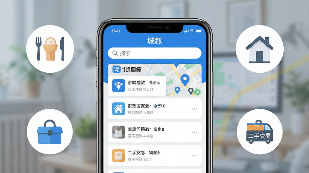主体:智能手机屏幕展示“城叙”应用主界面,界面显示附近生活服务列表和地图定位标记。布局:手机居中,屏幕内清晰展示App界面元素,周围有简洁的生活场景图标(如餐饮、家政、二手交易)环绕。排版:界面整洁,列表项排列有序,顶部搜索栏突出。风格:现代扁平化设计,色彩清新明快,主色调为蓝色和白色。细节:屏幕中显示“城叙”Logo,地图上有定位点,背景虚化处理突出前景。画质:高清渲染,干净,无多余元素。