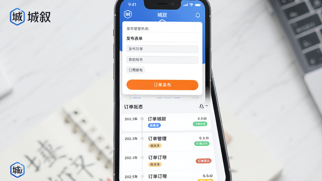 主体:手机屏幕展示“城叙”应用的发布页面和订单管理后台界面。布局:手机屏幕分为上下两个部分,上半部分显示发布表单,下半部分显示订单列表。排版:表单字段清晰,订单列表以时间轴排列。风格:商务简约,蓝白配色。细节:发布按钮为橙色高亮,订单状态用不同颜色标签区分,屏幕角落有“城叙”Logo。画质:高清,干净,无多余元素。