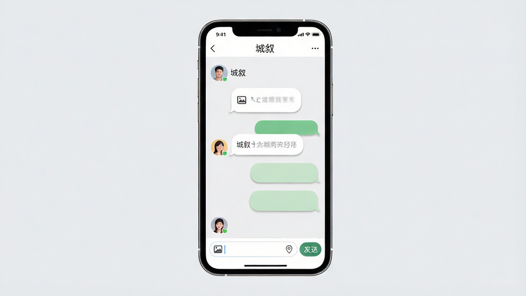 主体:手机屏幕展示“城叙”应用的聊天对话界面,包含消息气泡和功能按钮。布局:手机居中,屏幕内显示对话窗口,底部有输入框和发送按钮。排版:对话气泡左右分布,上方显示对方头像和名称。风格:简洁友好,浅灰色背景。细节:消息气泡有圆角阴影,输入框旁有图片和位置图标,顶部有“城叙”导航栏。画质:高清,干净,无多余元素。
