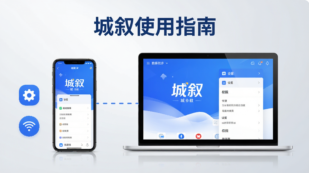 主体:手机和电脑并排展示“城叙”应用界面,旁边有设置图标和网络连接图标。布局:左侧手机,右侧电脑,中间用虚线连接表示数据同步。排版:设备居中,背景为浅灰色渐变。风格:科技感,蓝白配色。细节:设备屏幕上显示“城叙”主界面,设置菜单中有权限选项,画面上方有“城叙使用指南”文字。画质:高清,干净,无多余元素。