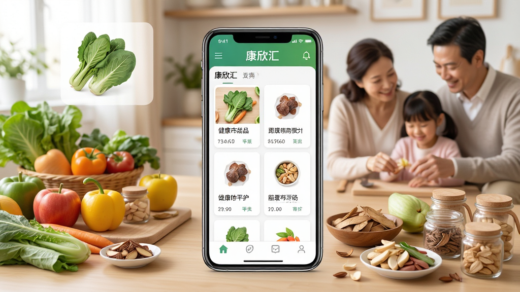 主体:康欣汇APP在手机屏幕上展示健康商品列表与分类图标,背景为温馨家庭场景,有新鲜蔬果与养生食材摆放。布局:手机居中,周围环绕商品图与家人互动画面,排版层次分明,突出平台功能。风格:清新自然,色彩明亮柔和,真实感强。细节:屏幕内显示“康欣汇”字样与商品卡片,画质高清,干净无多余元素。