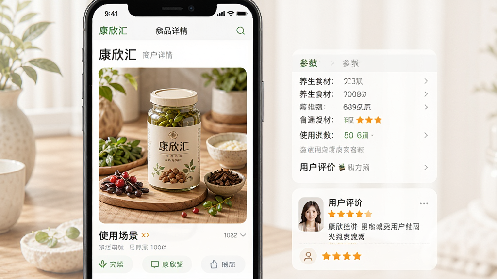 主体:康欣汇APP商品详情页,展示一款养生食材的实拍图与使用场景,旁边有参数说明与用户评价区域。布局:手机屏幕居中,商品图突出,场景图融入生活氛围,排版整洁。风格:温馨自然,色彩真实,细节丰富。细节:屏幕内显示“康欣汇”与商品名称,画质高清,干净无多余元素。