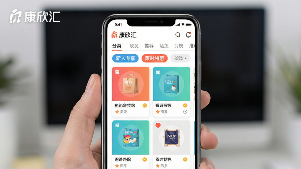 主体:康欣汇APP界面展示智能推荐板块,包含“新人专享”“限时特惠”等标签,手机屏幕内显示推荐商品卡片与分类导航。布局:手机居中,界面清晰,商品卡片整齐排列,突出智能匹配效果。风格:现代简约,色彩明亮,界面友好。细节:屏幕左上角有“康欣汇”Logo,画质高清,干净无多余元素。