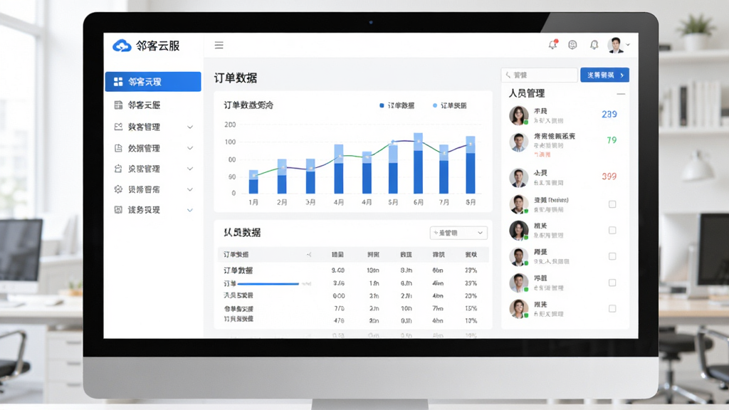 邻客云服企业后台管理界面,电脑屏幕展示“邻客云服”企业版工作台,左侧为功能菜单,右侧显示订单数据图表和人员管理列表,界面清晰,商务风格,蓝色主题,高分辨率,干净整洁