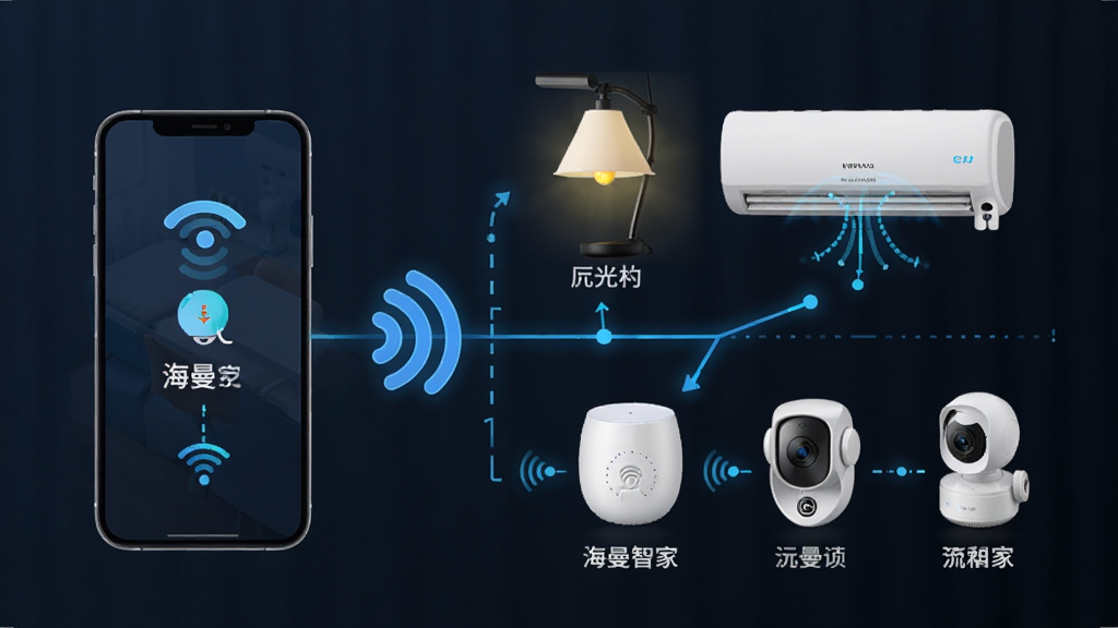 海曼智家远程控制功能预览图,主体为手机与智能家居设备连接示意图,布局展示手机远程控制灯光、空调、摄像头等场景,风格科技感十足,细节有网络信号图标和智能设备图标,画质清晰,干净整洁