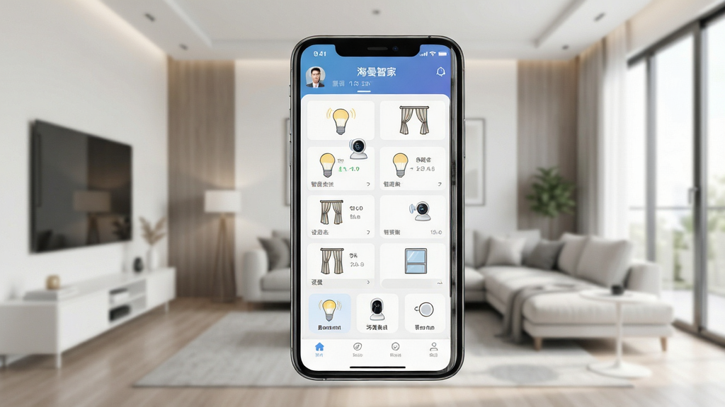 海曼智家智能家居控制界面预览图,主体为手机屏幕展示APP主界面,背景为现代简约客厅,布局清晰展示设备列表和场景模式按钮,风格干净明亮,细节体现智能灯泡、摄像头、窗帘等图标,画质高清,干净无多余元素