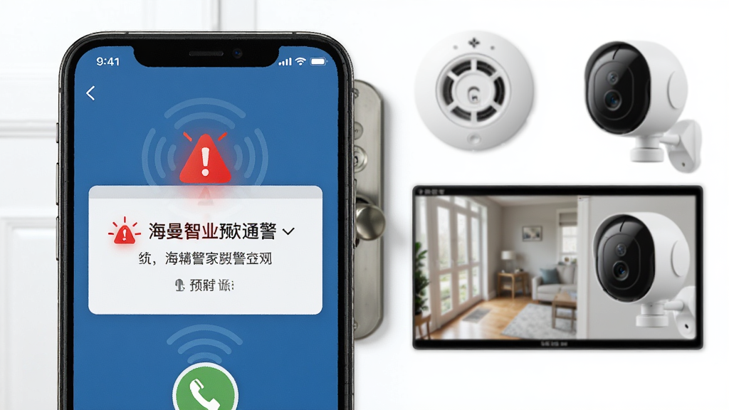 海曼智家安防报警功能预览图,主体为手机收到报警通知的界面,背景为家庭门锁、烟雾报警器、摄像头等设备,布局突出报警推送消息和实时监控画面,风格警示感强,细节有红色报警图标,画质高清,干净无多余元素