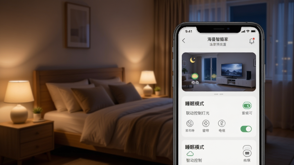 海曼智家智能场景设置预览图,主体为手机APP场景编辑界面,背景为卧室夜晚环境,布局展示“睡眠模式”联动控制灯光、窗帘、电视等选项,风格温馨舒适,细节有场景开关图标,画质细腻,干净无多余元素