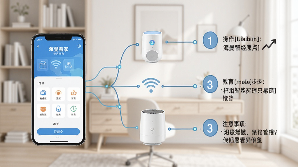 海曼智家使用指南配图,主体为手机和智能家居设备连接示意图,背景为简约书房,布局展示APP操作步骤和注意事项,风格教育性强,细节有步骤编号图标,画质清晰,干净无多余元素
