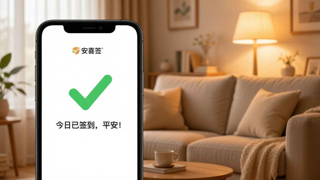 展示安喜签APP的签到成功页面,一个大大的绿色对勾图标,下方显示“今日已签到,平安!”文字,背景是温馨的客厅沙发,暖色调灯光,整体风格简洁明亮,画质细腻,干净无多余元素,强调“安喜签”品牌。