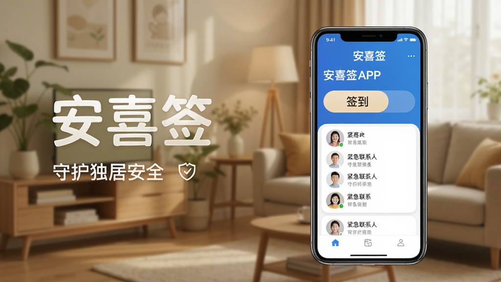 一张展示安喜签APP在智能手机上运行的界面截图,主屏幕显示签到按钮和紧急联系人列表,背景是简洁温馨的居家环境,整体风格清新自然,画质清晰,干净无多余元素,突出“安喜签”字样和“守护独居安全”的主题。