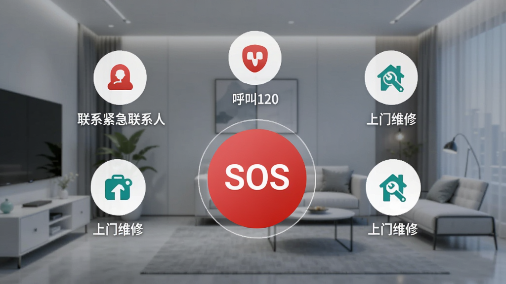 展示安喜签APP的AI呼叫界面,一个大大的红色SOS按钮,周围环绕着“联系紧急联系人”、“呼叫120”、“上门维修”等快捷选项图标,背景为简洁的现代室内环境,整体风格科技感与安全感并存,画质清晰,干净无多余元素。