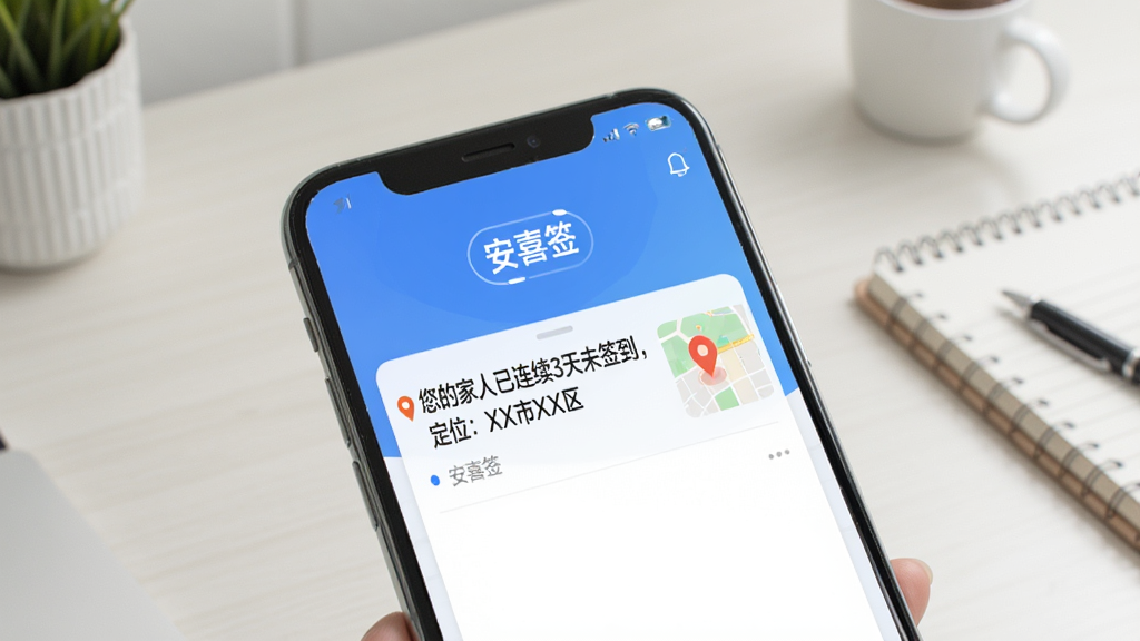 展示安喜签APP的预警通知界面,手机屏幕上显示一条通知消息:“您的家人已连续3天未签到,定位:XX市XX区”,旁边有地图定位图标,背景为简洁的桌面环境,整体风格专业清晰,画质干净,突出“安喜签”的智能预警功能。