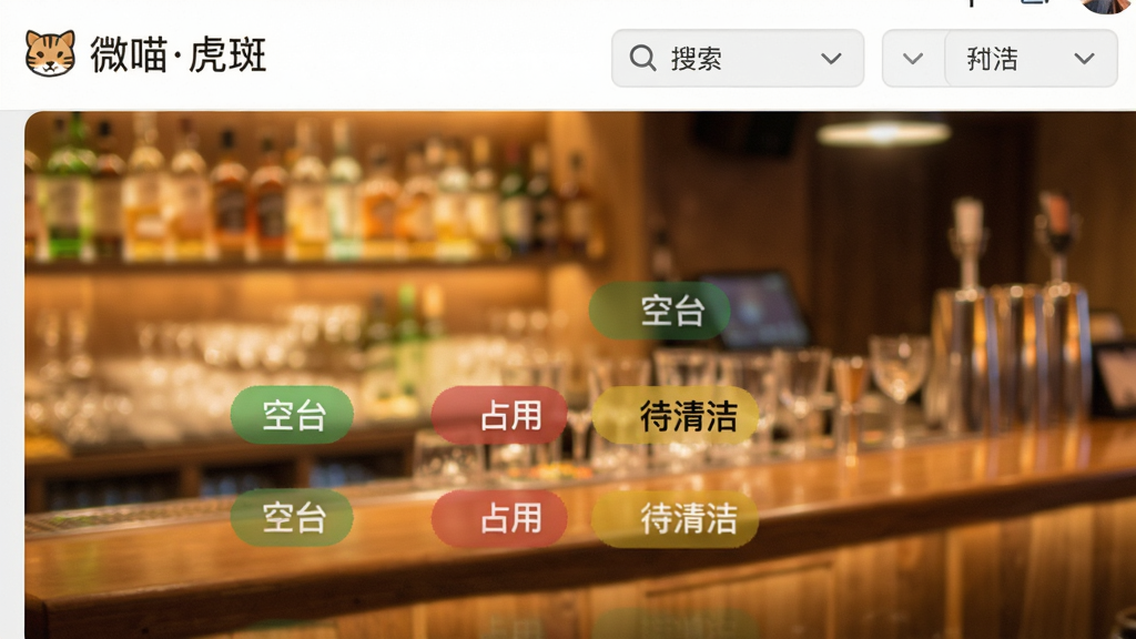 一张软件界面特写图,主体为“微喵虎斑”的桌台管理页面,彩色桌台状态标签(绿色空台、红色占用、黄色待清洁)清晰可见,界面布局整齐,顶部有搜索和筛选栏,背景为模糊的酒吧吧台,灯光温暖,整体风格简约明亮,画质干净,无多余元素