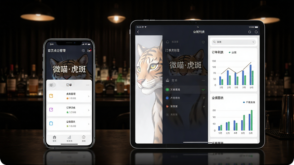 一张现代风格的产品功能展示图,主体是“微喵虎斑”软件在智能手机和平板上的运行界面,界面清晰展示首页桌台管理、订单列表、业绩图表等模块,布局左右分屏对比,左侧为手机端,右侧为平板端,背景为深色时尚的酒吧环境,灯光柔和,画面干净专业,画质高清,无多余元素